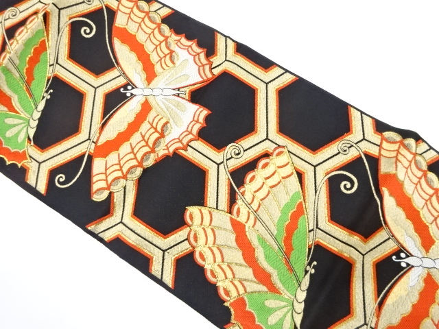 JAPANESE KIMONO / ANTIQUE FUKURO OBI / WOVEN BUTTERFLY